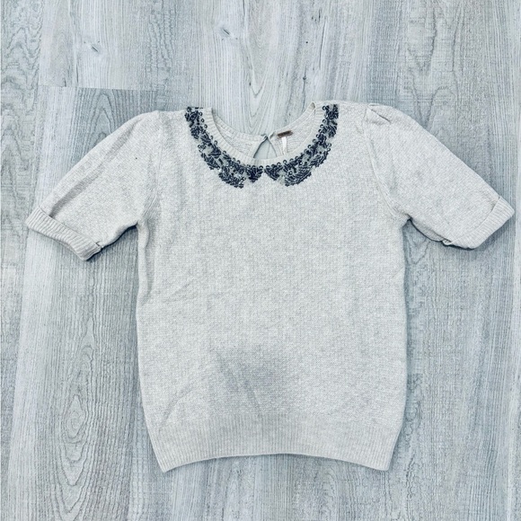 Free People Beaded Cream Short Sleeve Wool Rabbit Hair Sweater Small - Picture 2 of 9